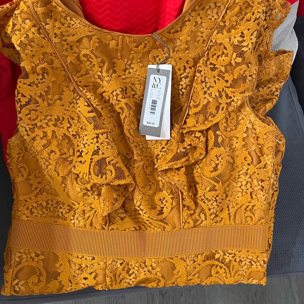 New York & Company Gold Ruffled Embellished Blouse